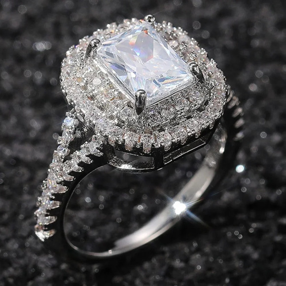 🌸DOUBLE LAYER 14K WHITE GOLD RADIANT CUT PURE CZ LUXURY WEDDING RING, K856 - Picture 1 of 6